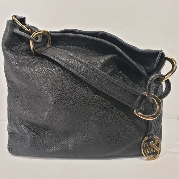 Michael Kors Black Pebbled Leather Shoulder Bag Handbag Purse Oversized ID Chain - Picture 5 of 9